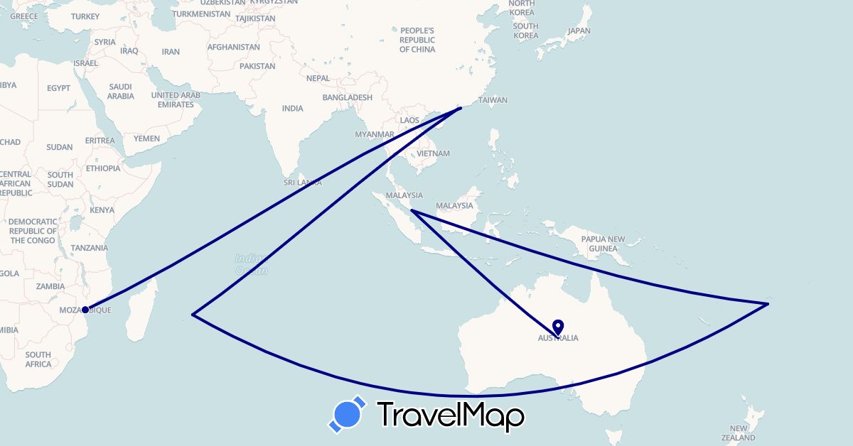 TravelMap itinerary: driving in Australia, China, Fiji, Mauritius, Mozambique, Singapore (Africa, Asia, Oceania)
